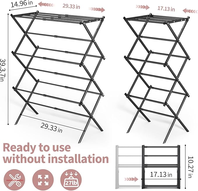APEXCHASER Clothes Drying Rack, 3-Tier Laundry Drying Rack for Clothes, Expandable Metal Clothing Dryer, Collapsible Towel Rack, Air Drying Rack, Black-Ruum Studio Home