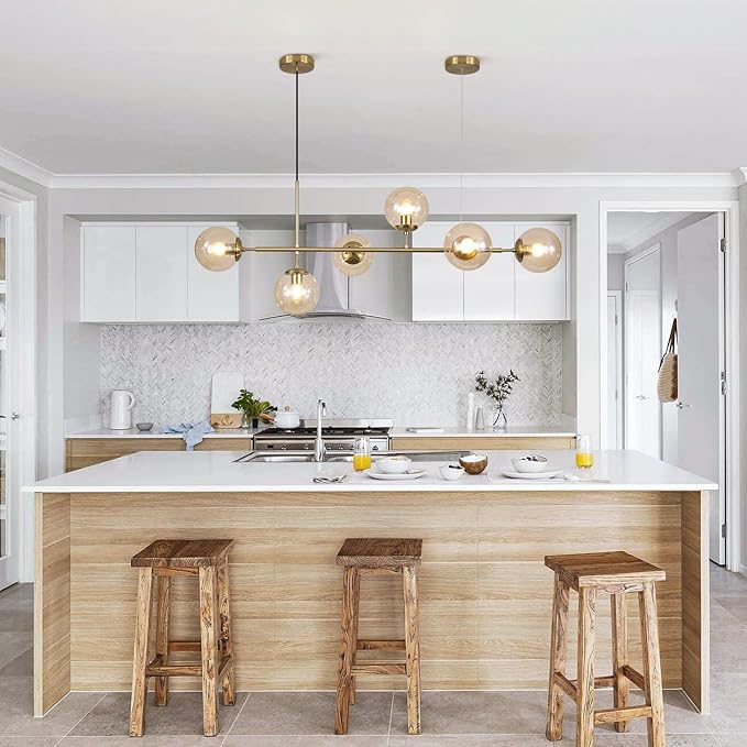 KCO Lighting Globe Linear Chandelier 6 Light Amber Glass Pendant Light Fixture Gold Kitchen Island Lighting Long Brass Sputnik Chandelier Dining Room Light Fixtures Over Table-Ruum Studio Home