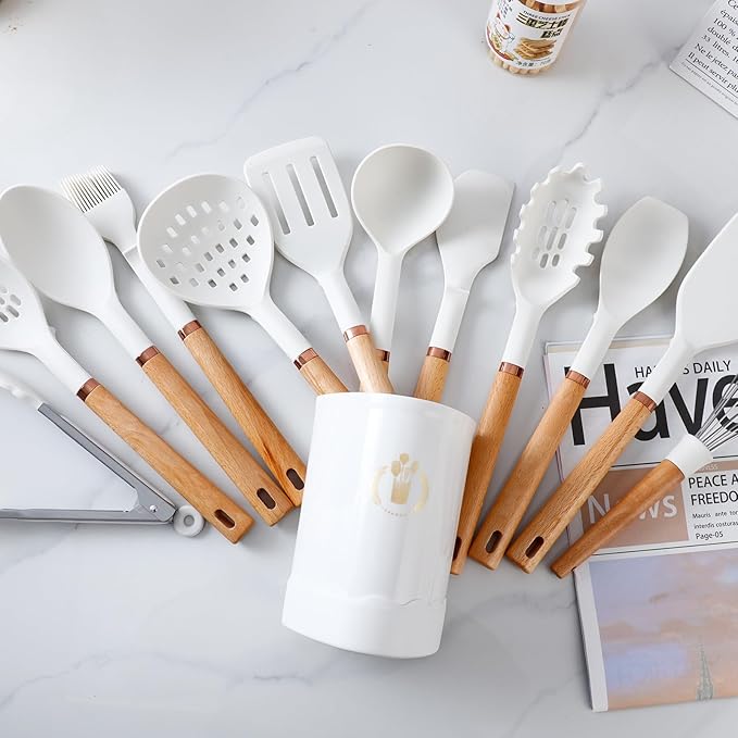 13-Piece silicone utensil set wood handle nonstick cookware safe dishwasher safe kitchen tools BPA free heat resistant (450°F/230°C) ceramic pan safe cooking gifts housewarming (White)-Ruum Studio Home