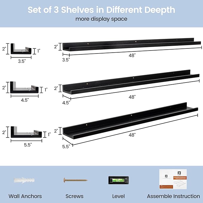 Picture Ledge Wall Shelves 48 inches Width Set of 3, Solid Pine Wood Rustic Floating Ledge Shelves for Wall for Kids' Room Bedroom Kitchen Bathroom Long Floating Shelves for Wall Decor, Black-Ruum Studio Home