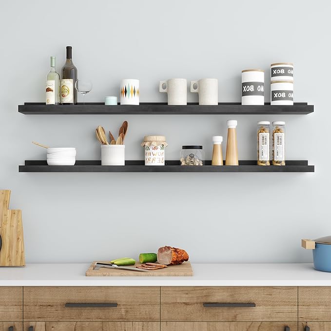 Picture Ledge Shelf for Wall, 48 inch Solid Pine Wood Nursery Book Shelves 2 Packs, Floating Ledge Shelves for Kids' Room Bedroom Bathroom Living Room Photo Frames Office Nursey Wall Decor, Black-Ruum Studio Home