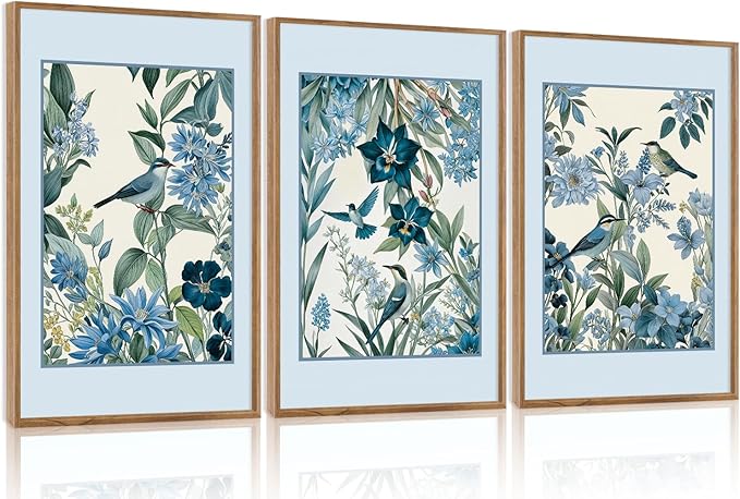 Aurlan Vintage Blue Birds and Botanical Framed Wall Art(16"x24"), 3PCS Classic Chinoiserie Audubon Bird Canvas Artwork, Large Abstract Watercolor Flowers Floral Home Decor for Bedroom Living Room-Ruum Studio Home