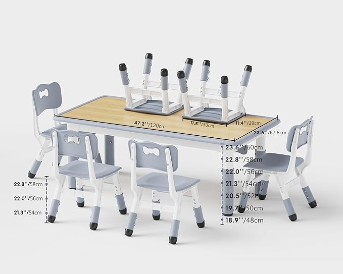 Brelley Kids Table and 6 Chairs Set, Height Adjustable Toddler Desk and Chair Set, Graffiti Desktop, Classroom/Daycare/Home, Children Multi-Activity Table for Ages 2-8-Ruum Studio Home