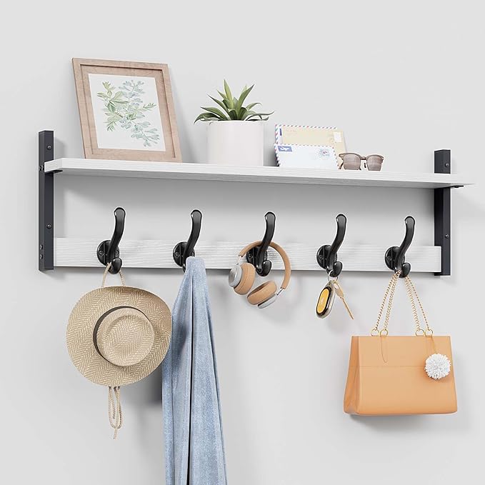 Tatub 29" Coat Rack Wall Mount with Shelf, Entryway Wall Hooks with Shelf, Coat Hangers for Bathroom, Living Room, Bedroom, Rustic White-Ruum Studio Home