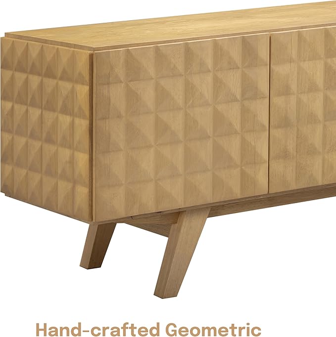 NTC Sapa Mid-Century Modern Solid Wood TV Stand 4-Door Media Console with Carved Geometric Fronts for TVs up to 75", Effortless Assembly, Sand-Ruum Studio Home