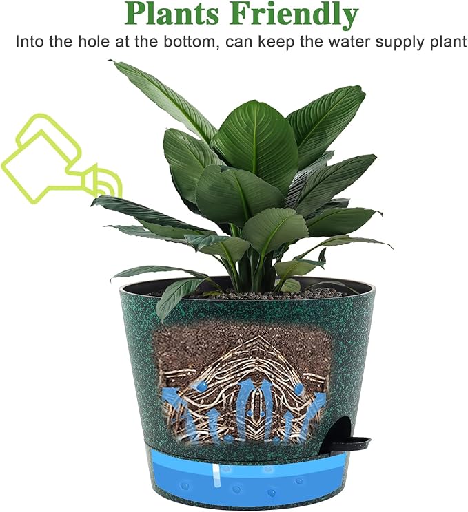 Self Watering Pots for Indoor Plants,12 inch Planters with Drainage Holes Plastic Flower Pots with Deep Reservoir, Black with Green Speckles-Ruum Studio Home