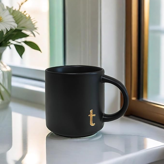 COLLECTIVE HOME - Black Monogram Ceramic Mugs, 15 oz Golden Initial Coffee Cups, Elegant Alphabet Tea Mugs, Personalized Halloween Mug with Gift Box, Perfect for Office and Home Décor (t)-Ruum Studio Home