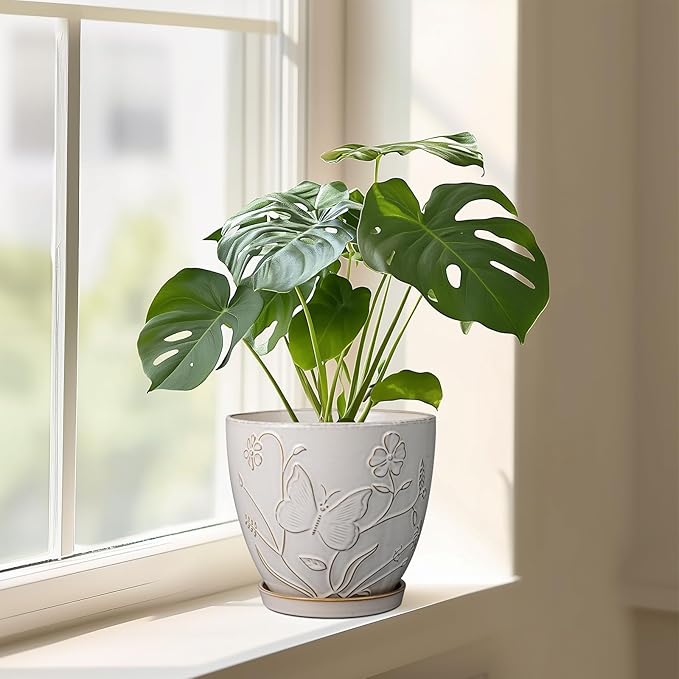 8 Inch Ceramic Pots for Plants Large Planter Pot with Drainage Hole and Saucer Round Flower Pot for Indoor Outdoor Decor, White-Ruum Studio Home