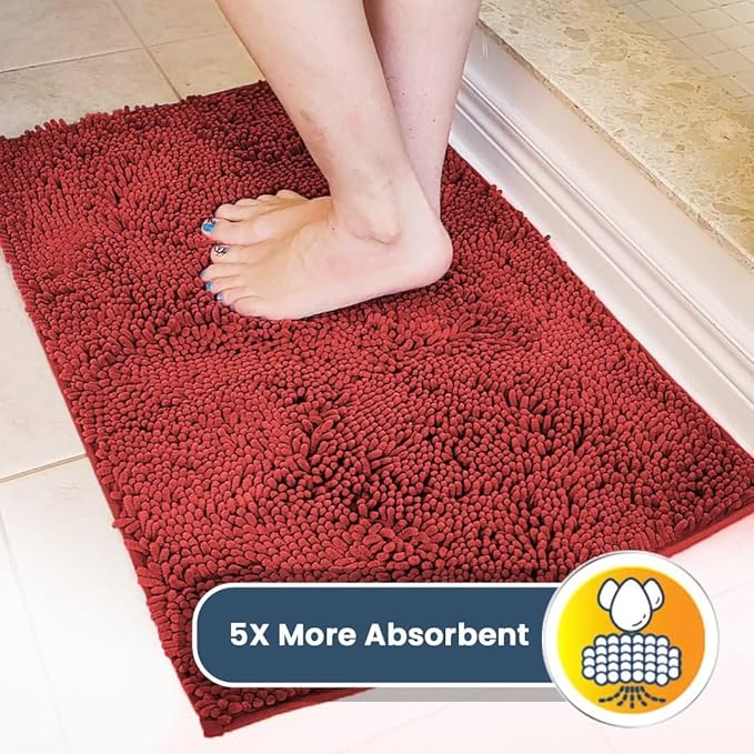 Muddy Mat® 4-Piece Red Medium 30"X19" AS-SEEN-ON-TV Highly Absorbent Microfiber Door Mat, Bath Mat and Pet Rug, Non Slip Thick Washable, Soft Chenille for Kitchen Bathroom Bedroom Indoor and Outdoor-Ruum Studio Home