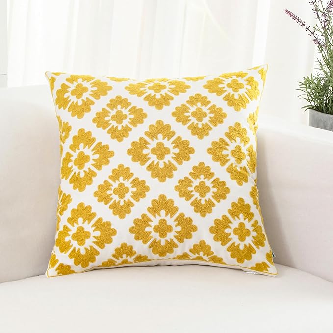 HWY 50 Mustard Yellow Decorative Throw Pillow Covers 18x18 Inch (1 Piece), Embroidered Cotton Farmhouse Cushion Cover Pillow Case for Sofa Couch Living Room Bed, Little Sunflower-Ruum Studio Home