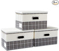 PRANDOM Collapsible Storage Bin with Lid [3-Pack] Fabric Foldable Storage Box Organizer Container Basket Cube with Cover for Home Bedroom Closet Office Nursery Gray plaid & Cream(14.9x9.8x9.8)-Ruum Studio Home
