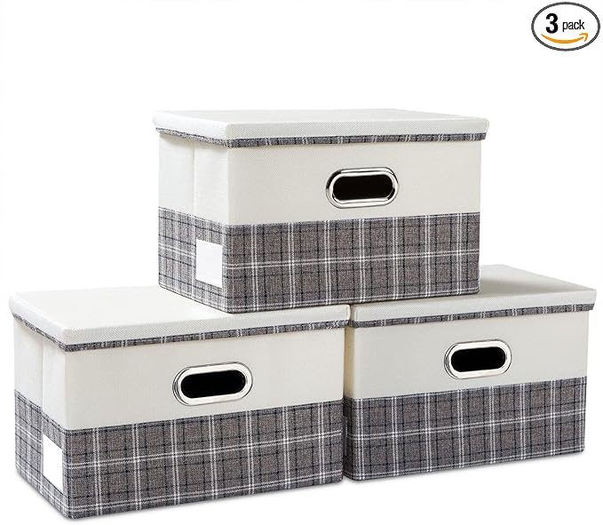 PRANDOM Collapsible Storage Bin with Lid [3-Pack] Fabric Foldable Storage Box Organizer Container Basket Cube with Cover for Home Bedroom Closet Office Nursery Gray plaid & Cream(14.9x9.8x9.8)-Ruum Studio Home