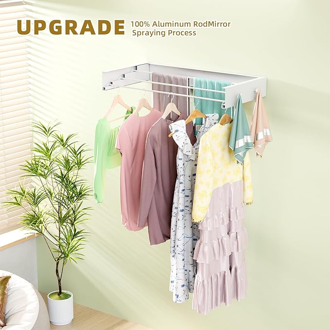 Wall Mounted Drying Rack for Laundry 19.8'', Folding Drying Rack Clothing Wall Mount with 3 Rods and 4 Hooks, Space Saving for Indoor Outdoor Bathroom Balcony (White, 19.8'')-Ruum Studio Home