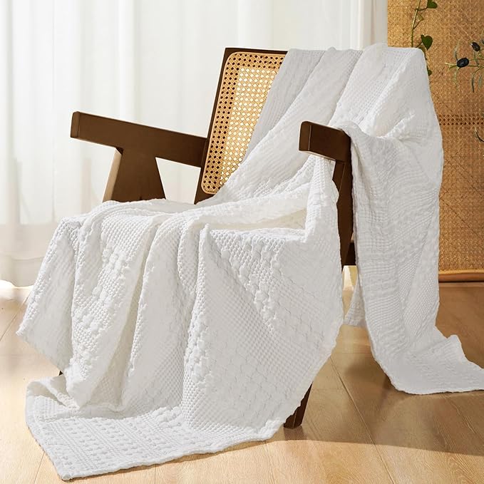 PHF 100% Cotton Waffle Weave Throw Blanket, Soft Lightweight Breathable Cozy Summer Throws for Couch Bed Sofa, Luxury Aesthetic Woven Blanket for Home Decor & Office, 50"x60", White-Ruum Studio Home