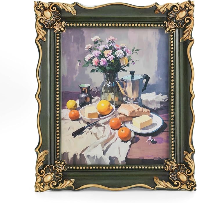 8x10 Vintage Picture Frame with Embossed Flower Design, Green Ornate Frame for 8x10 or 5x7 Pictures with White Mat, Hand-Crafted Resin Antique Frames for Tabletop & Wall Hanging, Home Decor (Green )-Ruum Studio Home