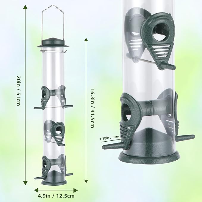 MIXXIDEA 1PK Metal Bird Feeders with 6 Feeding Ports,Tube Bird Feeder with Steel Hanger,Hard Plastic Wild Bird Feeder for Outdoors Hanging, Attracting Birds in Your Lawn, Garden, Balcony–Green-Ruum Studio Home