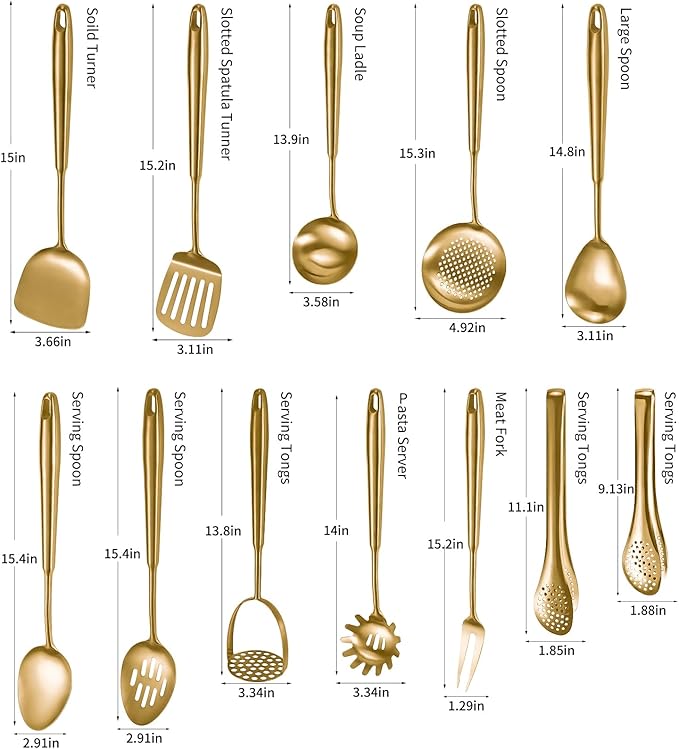 304 Stainlss Steel Matte Kitchen Utensils Set, 12 Pcs Long Metal Cooking Utensil Gadgets Tools Set with Spatula, Ladle, Spoon, Ladle, Skimmer, Tunner, Pasta Server, Tongs(Gold, Dishwasher Safe)-Ruum Studio Home