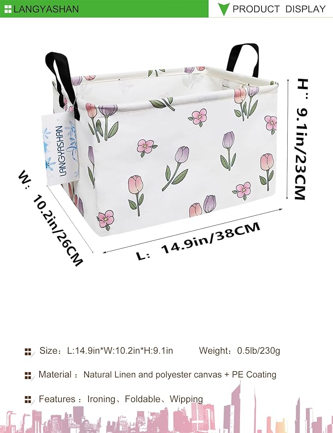 LANGYASHAN Rectangular Storage Bin Collapse Canvas Fabric Cartoon Storage Basket with Handles for Organizing Home Kitchen Boys and Girls Toys Office Closet Shelf Baskets (Rec Romantic Tulip)-Ruum Studio Home