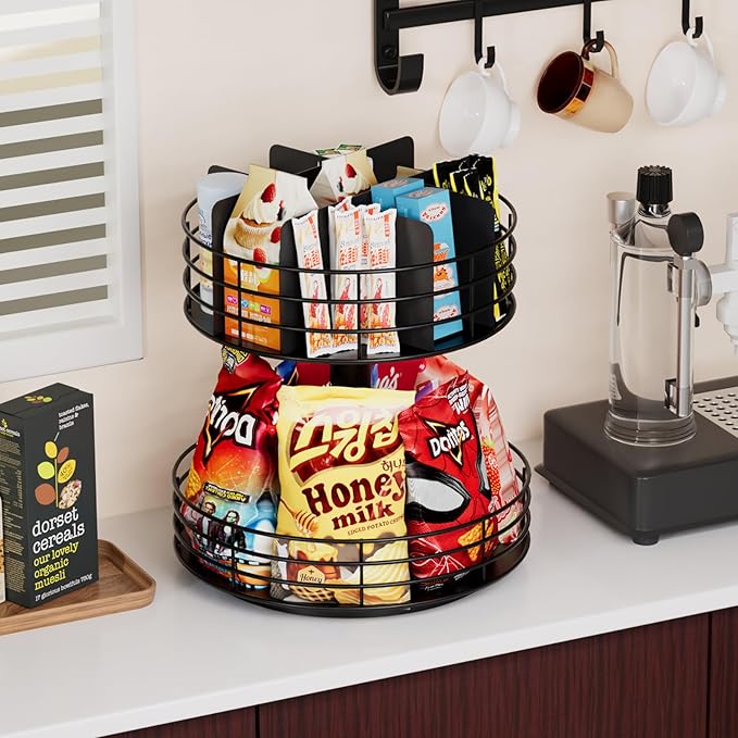 Snack Organizer - Versatile Snack Storage 2 Tier Lazy Susan with Convenient Grab-and-Go Design, Metal Snack Holder for Home, Office, Breakroom, 11.85" L x 11.85" W x 13.3" H (Matte Black)-Ruum Studio Home