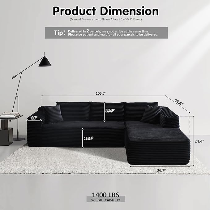 ovios 104" Cloud Sectional Couch with L-Shape Chaise,Modern Modular Sofa with Deep Seat, Upholstered Couches for Living Room Bedroom,No Assembly Required, Black (Plush Corduroy Fabric)-Ruum Studio Home