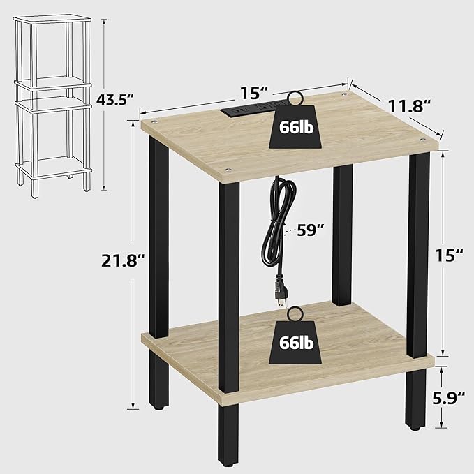TUTOTAK End Table with Charging Station, Set of 2, Small Side Table with Outlets, Nightstand Bedside Table, 2-Tier Storage Shelf for Small Space, Living Room, Bedroom Oak TB01BO041-Ruum Studio Home