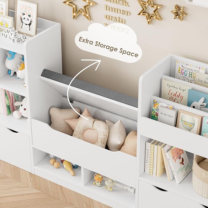 FOTOSOK 72” Kids Bookshelf with Reading Nook, Large Toy Storage Organizer with Seat Cushion and 3 Movable Drawers, Kids Reading Nook Toy Organizers and Storage with Bench for Living Room, White-Ruum Studio Home