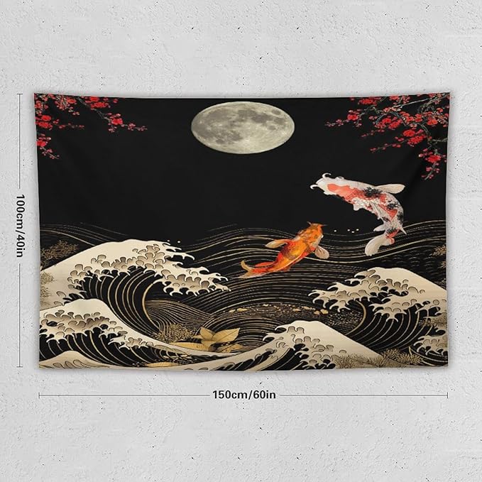 Houselerax Koi Fish Tapestry, Japanese Style Yin Yang Big Wave Cherry Blossom Tapestries Wall Hanging for Bedroom Living Room Office Decor 60"x40"-Ruum Studio Home
