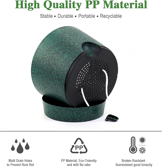 Self Watering Pots for Indoor Plants,12 inch Planters with Drainage Holes Plastic Flower Pots with Deep Reservoir, Black with Green Speckles-Ruum Studio Home