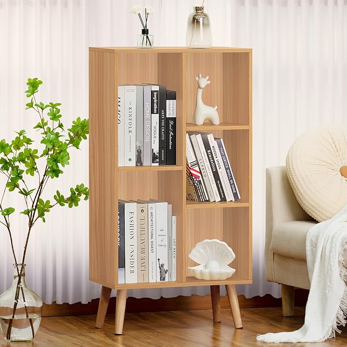LEYAOYAO Wooden 5 Cube Bookshelf, Natural 3 Tier Book Shelf with Legs, Modern Open Storage Organizer,Boho Bookcase,Display Cabinet Shelf Free Standing Bookshelves for Bedroom,Living Room,Study-Ruum Studio Home