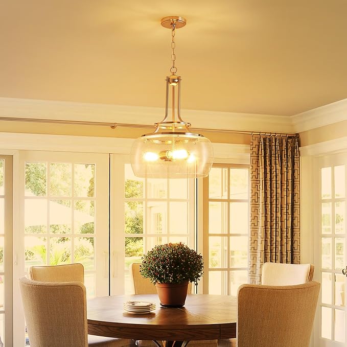 WUZUPS Chandelier Rustic Farmhouse Industrial Round Ceiling Pendant LED Light Fixture Clear Seeded Glass Shade for Dining Room Kitchen Island Foyer Entryway, H 20.9" x W 15.9", Brushed Nickel-Ruum Studio Home