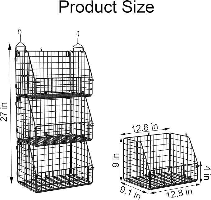 Stackable Wire Storage Baskets for Kitchen Closet Pantry, Hanging Closet Organizers Storage Shelves Organization, Wall Mount Metal Basket Bins, Clothing Vegetable & Fruit Organizer 3 pcs-Ruum Studio Home