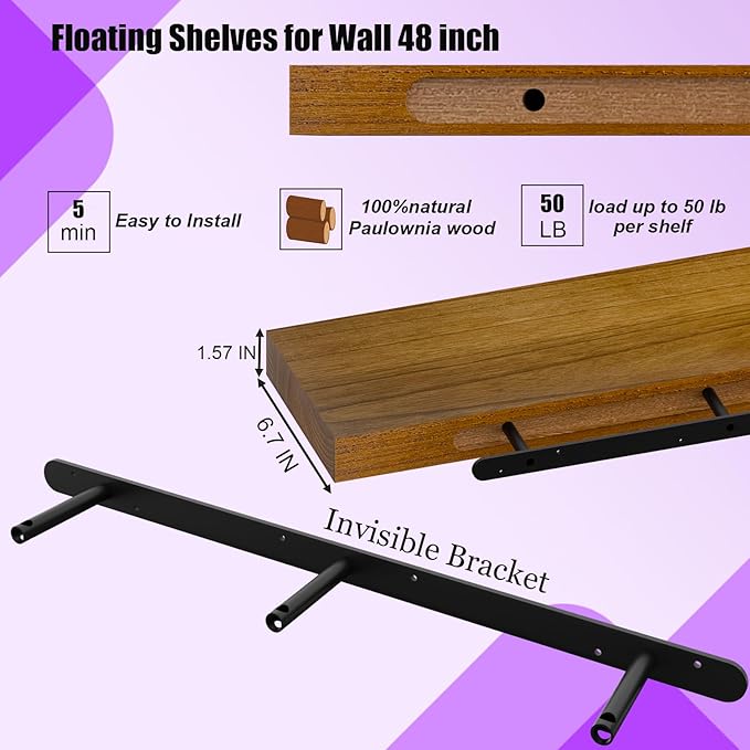 IAE Walnut Floating Wall Shelves 48 inch, Bathroom Shelves Wall Mounted,Invisible Shelves Floating Kitchen Shelves,Wooden Wall Shelves with Brackets for Living Room Wall Mounted,Easy Install,Set of 2-Ruum Studio Home