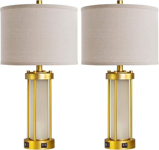 RORIA Modern Table Lamps for Living Room Set of 2, Farmhouse Bedroom Lamps for Nightstands with Dual USB Ports, Gold Bedside Lamps with White Frosted Glass Nightlight, 4 Bulbs Includes (Gold)-Ruum Studio Home