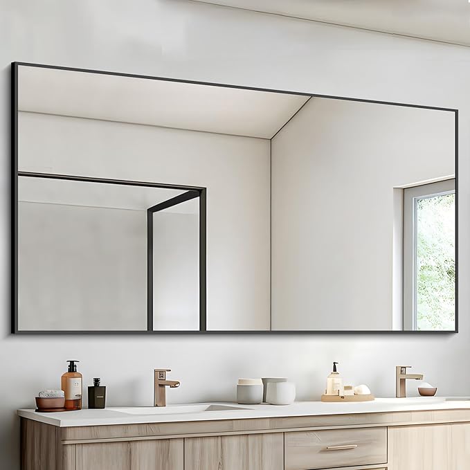 Black Bathroom Mirror for Wall, 60x30 Inch Rectangle Mirrors with Metal Frame, Modern Vanity Wall Mirror Decor for Bathroom Living Room, Entryway Hangs Horizontal or Vertical-Ruum Studio Home
