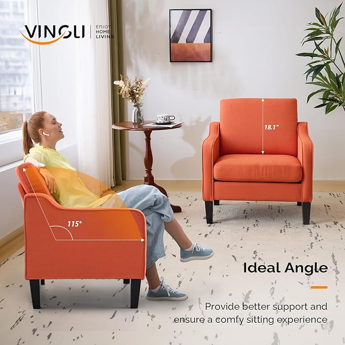VINGLI Burnt Orange Mid Century Modern Accent Chair for Living Room & Bedroom, Scooped Arm, Upholstered Comfy Chair for Apartment, Waiting Room-Ruum Studio Home