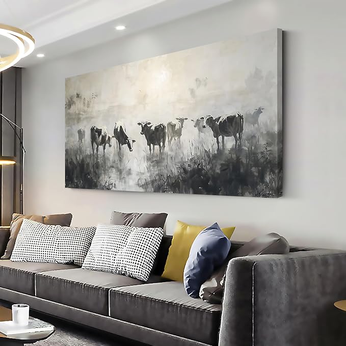 LASMOND Black and White Cow Wall Art for Living Room Ink Wash Canvas Painting Prints Morning Cattle Vintage Country Farmhouse Artwork Bedroom Office Decor (40x20 Inches)-Ruum Studio Home