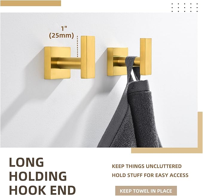 Angle Simple Towel Hooks for Bathroom, SUS 304 Stainless Steel Square Robe Coat Wall Hooks, Hand Towel Holder, Brushed Gold, 2 Pack-Ruum Studio Home