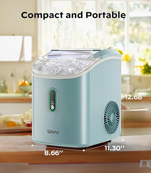 Silonn Nugget Ice Maker Countertop, Portable Pellet Ice Machine with Self-Cleaning Function, Sonic Ice Maker Produces 33lbs of Chewable Ice in 24 Hours, Ideal for Home Kitchen and Office, Green-Ruum Studio Home