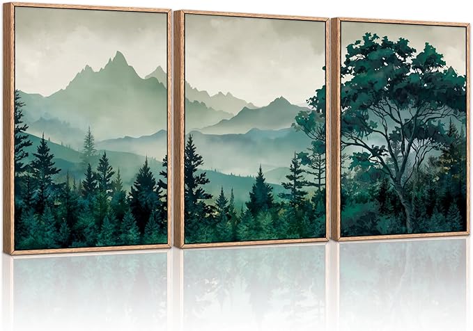 HLNIUC Green Foggy Forest Framed Canvas Wall Art Set,Watercolor Boho Pine Tree Wall Decor,Modern Misty Mountain Scenery Art Print,Nature Landscape Wall Painting for Living Room,Bedroom - 16”x24”x3-Ruum Studio Home
