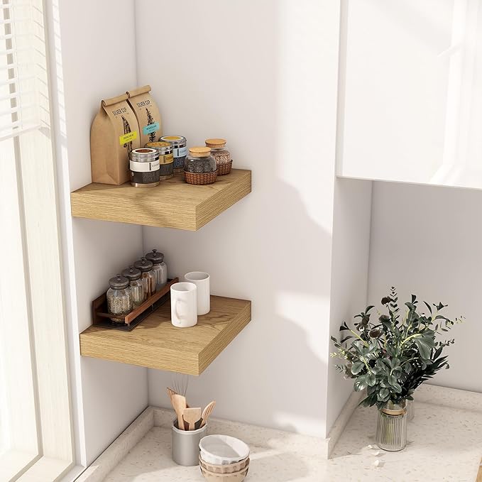 Fun Memories 12 Inch Floating Shelf, Rustic Wood Wall Shelves for Wall Decor & Storage, 12 x 12 Floating Shelf for Living Room, Bathroom, Bedroom, Oak, Set of 2-Ruum Studio Home