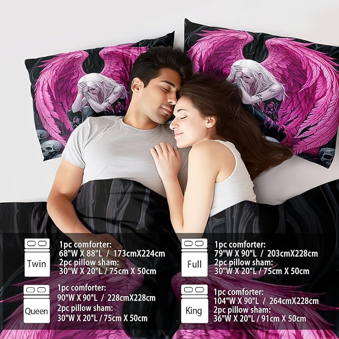 Gothic Skull Comforter Set King for Adults,Angel Wings Bedding Set Pink for Girls,Sexy Angel Comforter Bedroom Decor Teen,Gothic Skull Bedding Decor Pink Wings Quilt-Ruum Studio Home