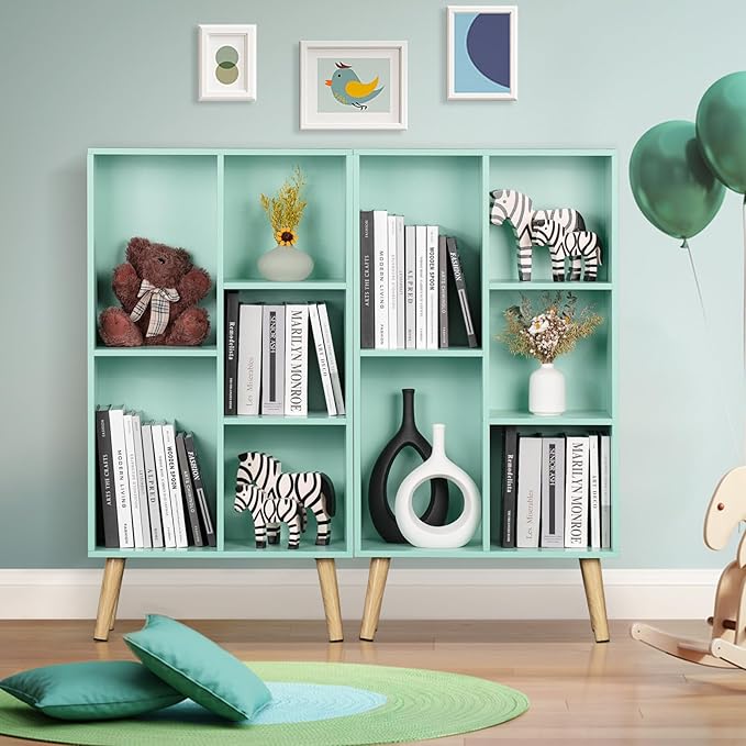LEYAOYAO 5 Cube Bookshelf 3-Tier Bookcase with Legs,Mint Green Kids Book Shelf Cute Storage Organizer,Free Standing Open Toy Shelves Wood Bookshelves,Display Bookcases for Bedroom,Living Room,Nursery-Ruum Studio Home