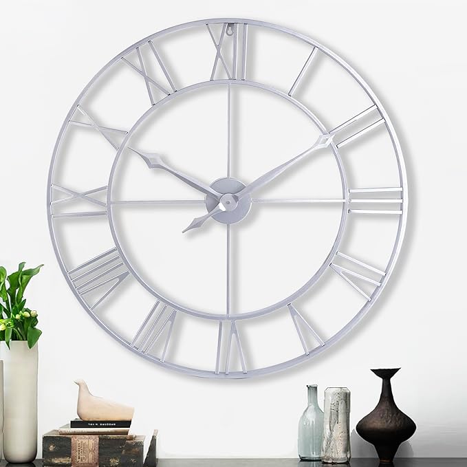 CLXEAST Large Modern 30 Inch Wall Clock Silver, Oversized Big Roman Numeral Metal Wall Clocks for Living Room Decor, Home Office-Ruum Studio Home