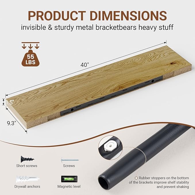 Heimlove 40 Inches Floating Shelves for Wall,9.3" Deep Oak Long Floating Shelves Set of 2,Large Display & Storage Shelf,Wall Shelf for Bathroom Bedroom Living Room Kitchen Office-Ruum Studio Home