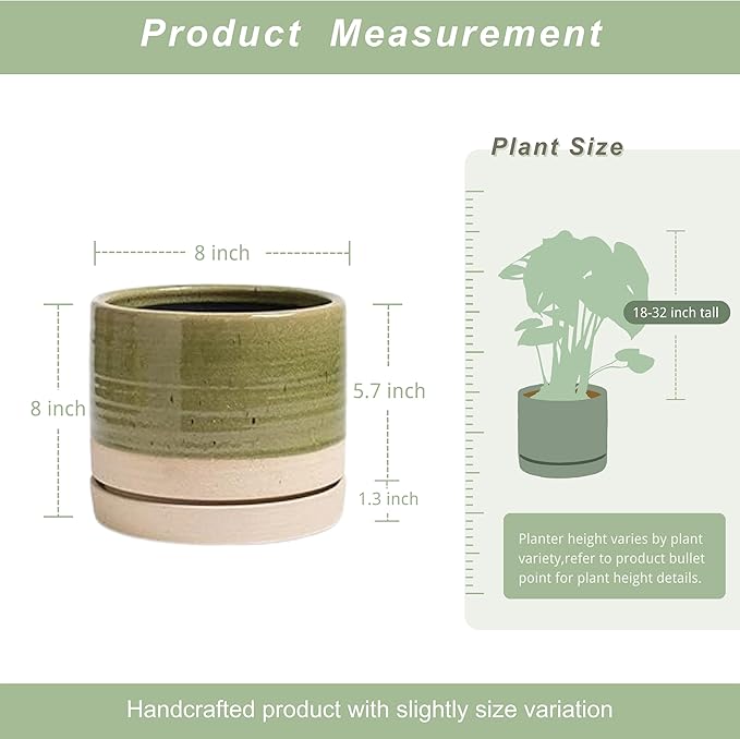8 Inch Pots for Plants, Ceramic Planter Pot with Drainage Hole & Saucer, Indoor/Outdoor Cylinder Round Planter Pot, Green & Beige-Ruum Studio Home