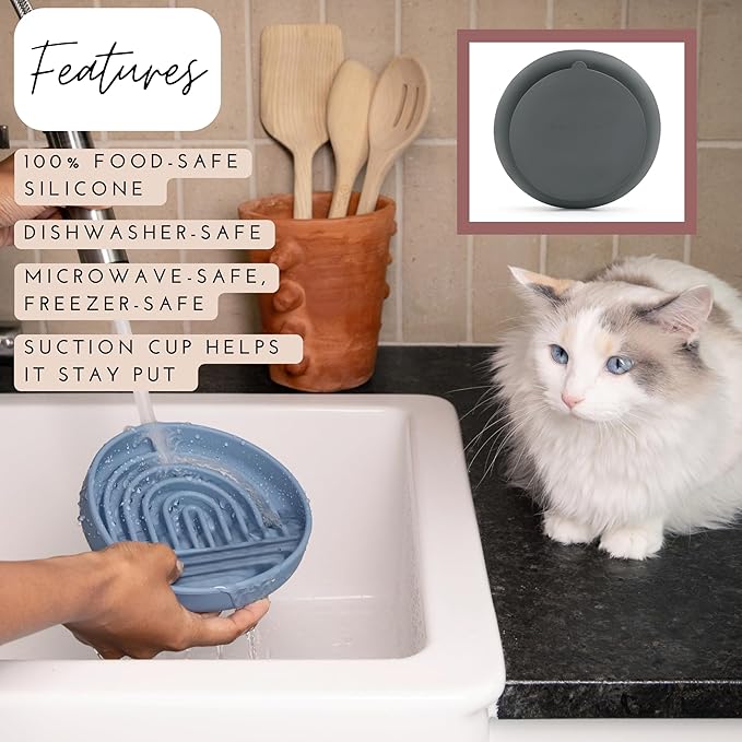 The Slowdown Bowl Silicone Slow Feeder for Cats & Kittens, Slow Eating Mealtime Solution with Modern Lick Mat Design, Reduces Gulping, Fits 1 Cup 6” Across x 1.25” Tall, Small-Tan-Ruum Studio Home