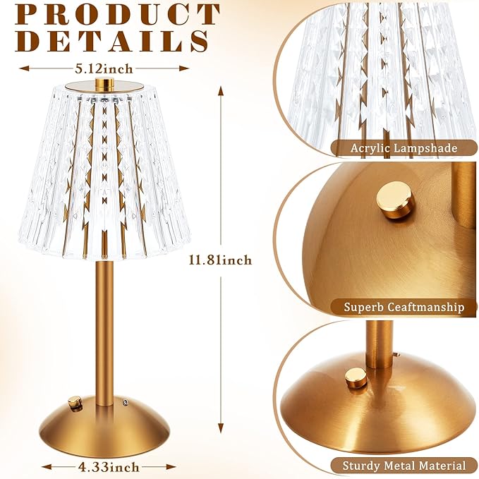 Liliful 4 Pcs LED Portable Cordless Table Lamp Touch Battery Operated Rechargeable Desk Lamp 3 Color Dimmable for Bedroom Living Room Dining (Classic Style,Gold)-Ruum Studio Home