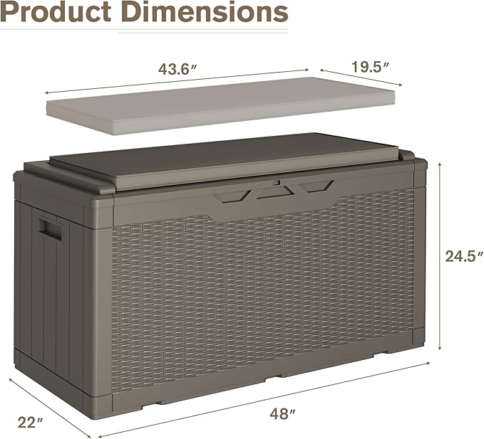 JUMMICO 100 Gallon Resin Deck Box with Cushion, Waterproof Outdoor Storage Box with Lockable Lid for Garden Tools, Patio Cushions (Light Brown)-Ruum Studio Home