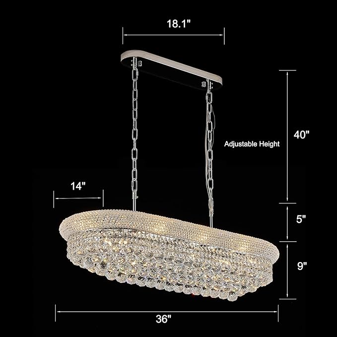 Rectangular Crystal Chandeliers for Dining Room,10 Lights Adjustable Height Oval Crystal Ceiling Light Fixture for Kitchen Island, Chrome Finish, L36''-Ruum Studio Home