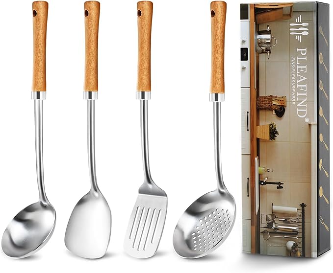 Pleafind 4-Pcs Cooking Utensils Set, Stainless Steel Kitchen Utensils with Wooden Hanlde, Kitchen Essentials Set Include Wok Ladle, Slotted Spoon, Wok Spatula and Slotted Spatula, Dishwasher Safe-Ruum Studio Home